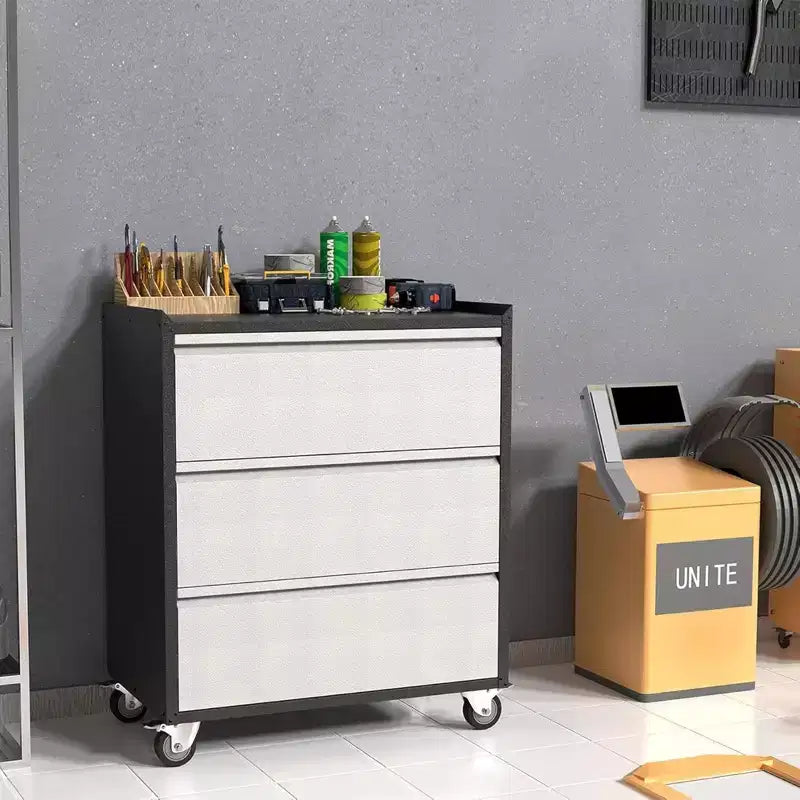 Garvee Rolling Tool Box, 3 Drawers Metal Storage Box for Garage, Warehouse, Black/Gray