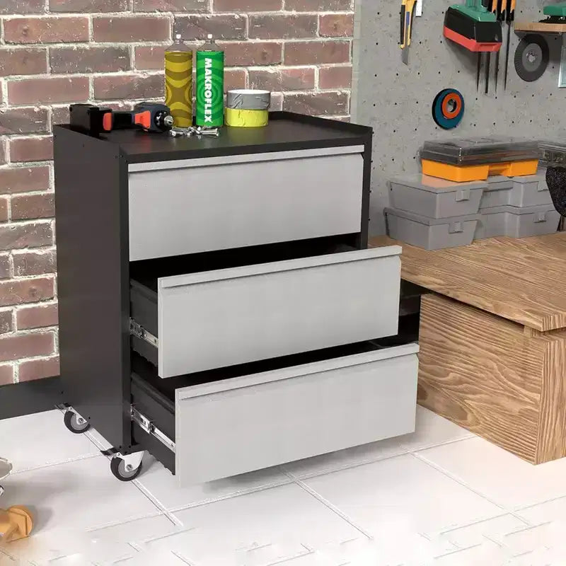 Garvee Rolling Tool Box, 3 Drawers Metal Storage Box for Garage, Warehouse, Black/Gray
