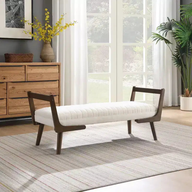 TUYOHW 52 Modern Bench,Channel Tufted Upholstered Storage Bench with Walnut Wood Legs,Faux Leather Footrest Stool for Living Room,Bedroom,Entryway