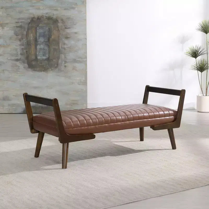 TUYOHW 52 Modern Bench,Channel Tufted Upholstered Storage Bench with Walnut Wood Legs,Faux Leather Footrest Stool for Living Room,Bedroom,Entryway