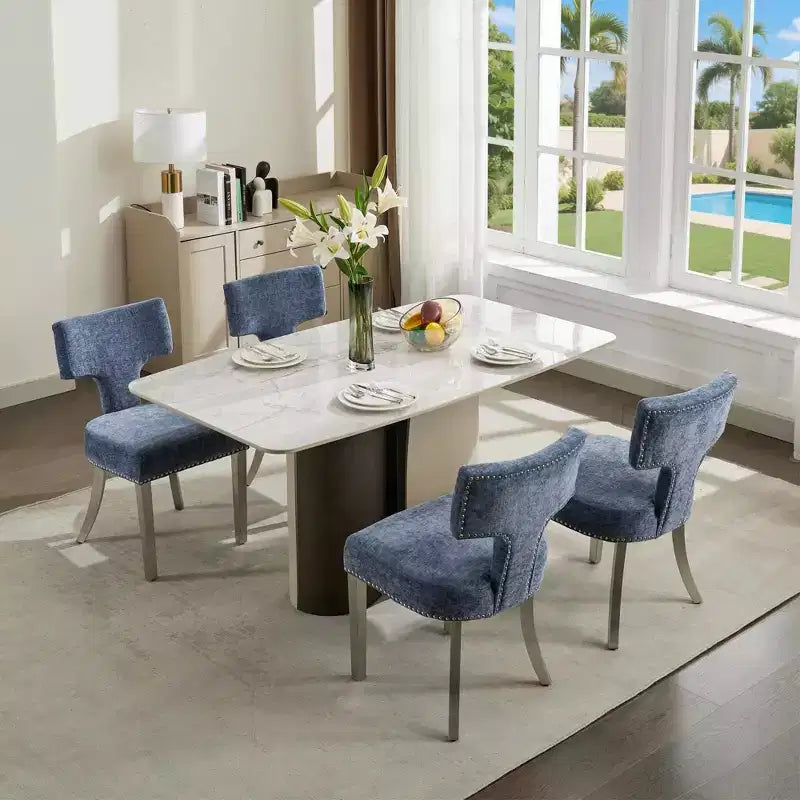 TUYOHW Farmhouse Dining Chairs Set of 2,Mid-Century Modern Side Chairs Soft Linen Fabric with Steel Legs,Nailhead Trim for Home Decor
