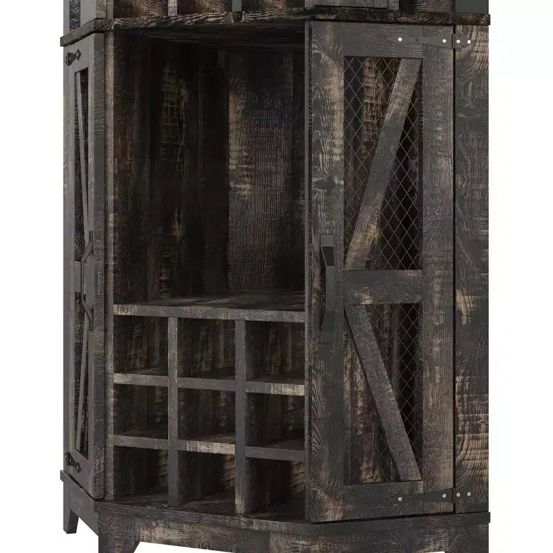 72 Tall Farmhouse Corner Bar Storage Cabinet Kitchen Cabinet with Barn Door, Acrylic Mirror, Glass Rack & Wine Storage, Walnut - ModernLuxe