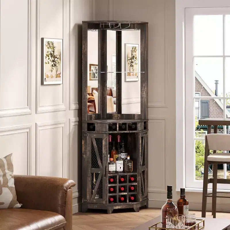 72 Tall Farmhouse Corner Bar Storage Cabinet Kitchen Cabinet with Barn Door, Acrylic Mirror, Glass Rack & Wine Storage, Walnut - ModernLuxe