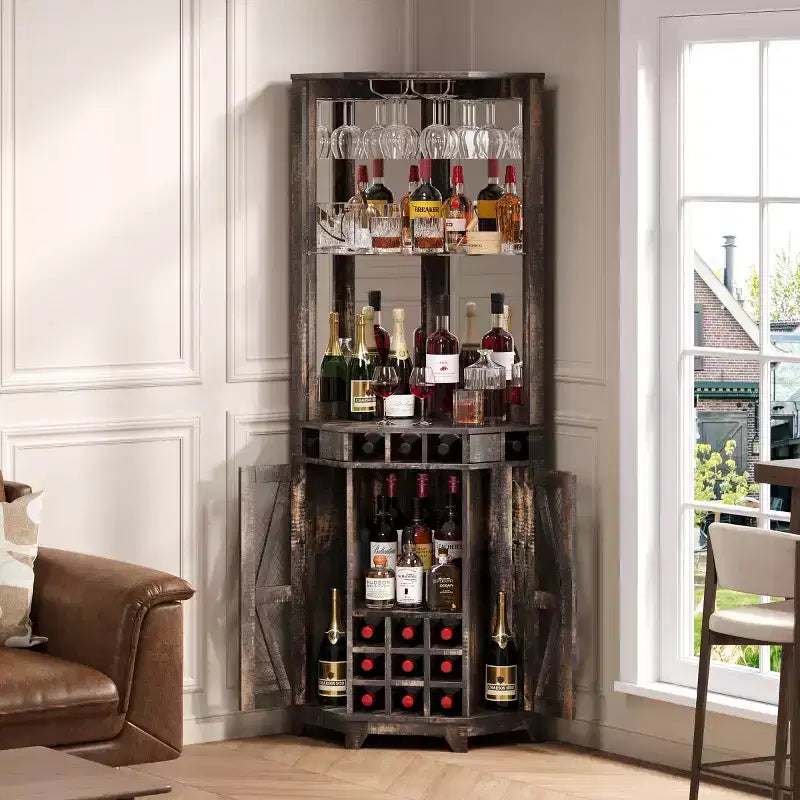 72 Tall Farmhouse Corner Bar Storage Cabinet Kitchen Cabinet with Barn Door, Acrylic Mirror, Glass Rack & Wine Storage, Walnut - ModernLuxe