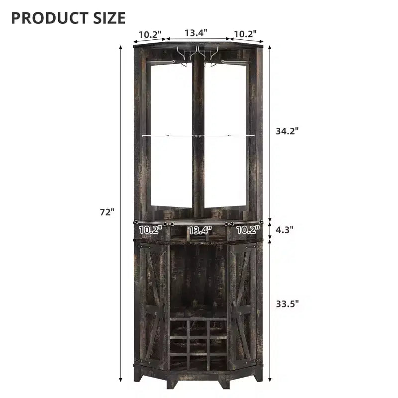 72 Tall Farmhouse Corner Bar Storage Cabinet Kitchen Cabinet with Barn Door, Acrylic Mirror, Glass Rack & Wine Storage, Walnut - ModernLuxe