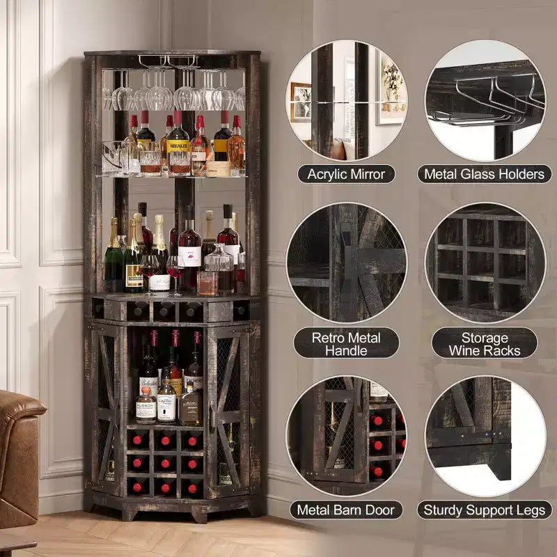 72 Tall Farmhouse Corner Bar Storage Cabinet Kitchen Cabinet with Barn Door, Acrylic Mirror, Glass Rack & Wine Storage, Walnut - ModernLuxe