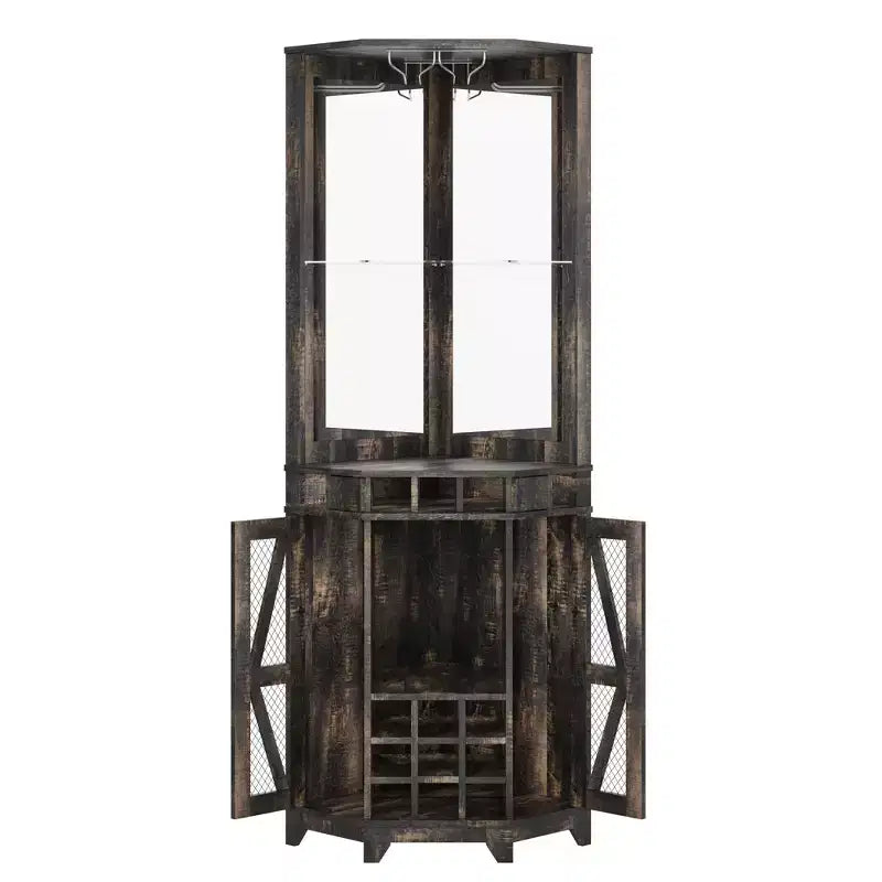 72 Tall Farmhouse Corner Bar Storage Cabinet Kitchen Cabinet with Barn Door, Acrylic Mirror, Glass Rack & Wine Storage, Walnut - ModernLuxe