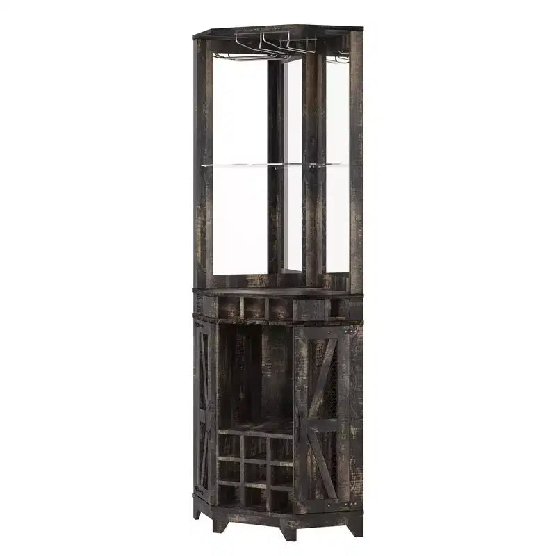 72 Tall Farmhouse Corner Bar Storage Cabinet Kitchen Cabinet with Barn Door, Acrylic Mirror, Glass Rack & Wine Storage, Walnut - ModernLuxe