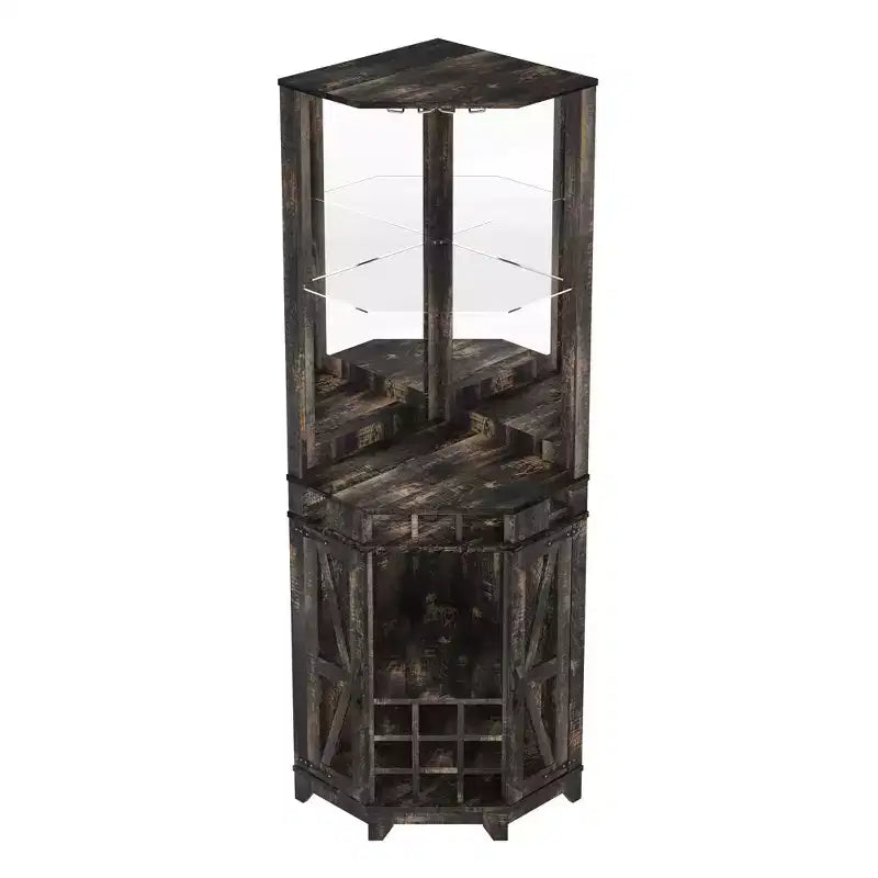 72 Tall Farmhouse Corner Bar Storage Cabinet Kitchen Cabinet with Barn Door, Acrylic Mirror, Glass Rack & Wine Storage, Walnut - ModernLuxe