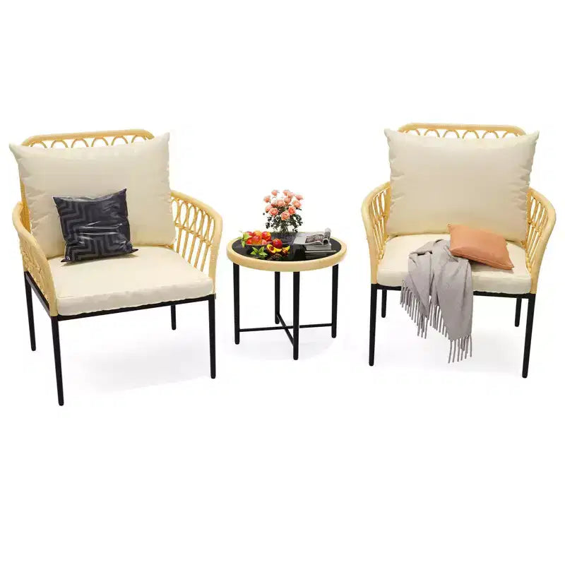 3-Piece Outdoor Patio Bistro Set with Cushions, Resistant PE Wicker, Glass Top Coffee Table, Ideal for Garden, Balcony, Porch, Beige