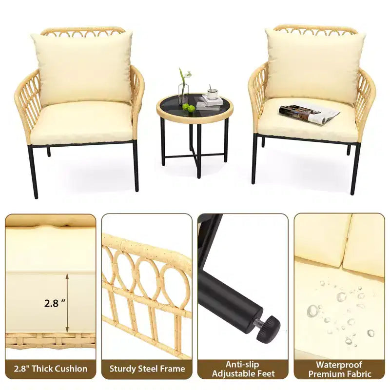 3-Piece Outdoor Patio Bistro Set with Cushions, Resistant PE Wicker, Glass Top Coffee Table, Ideal for Garden, Balcony, Porch, Beige