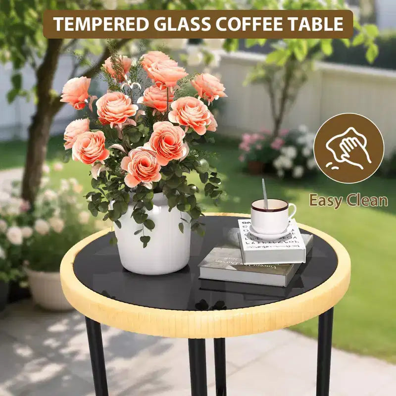 3-Piece Outdoor Patio Bistro Set with Cushions, Resistant PE Wicker, Glass Top Coffee Table, Ideal for Garden, Balcony, Porch, Beige