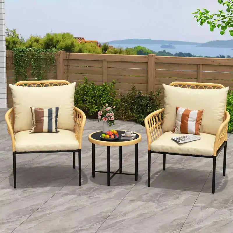 3-Piece Outdoor Patio Bistro Set with Cushions, Resistant PE Wicker, Glass Top Coffee Table, Ideal for Garden, Balcony, Porch, Beige