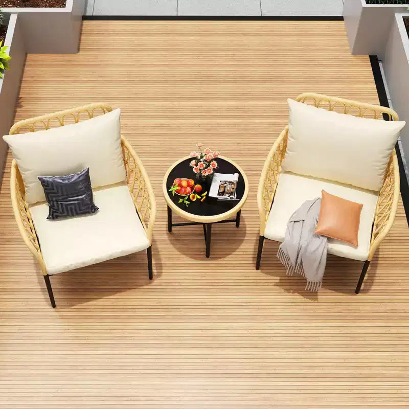 3-Piece Outdoor Patio Bistro Set with Cushions, Resistant PE Wicker, Glass Top Coffee Table, Ideal for Garden, Balcony, Porch, Beige