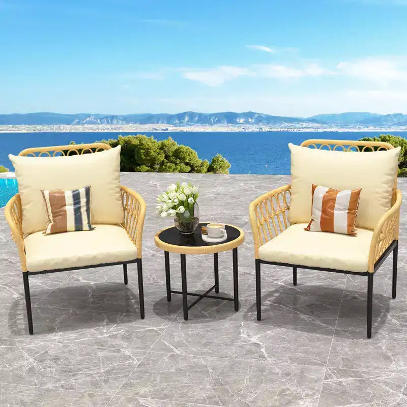3-Piece Outdoor Patio Bistro Set with Cushions, Resistant PE Wicker, Glass Top Coffee Table, Ideal for Garden, Balcony, Porch, Beige