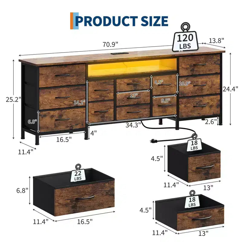 70 Inch Long Dresser TV Stand for 65, 75, 80 Inch TV, Wide 13 Chest of Fabric Drawers Dresser, Large Entertainment Center for Bedroom