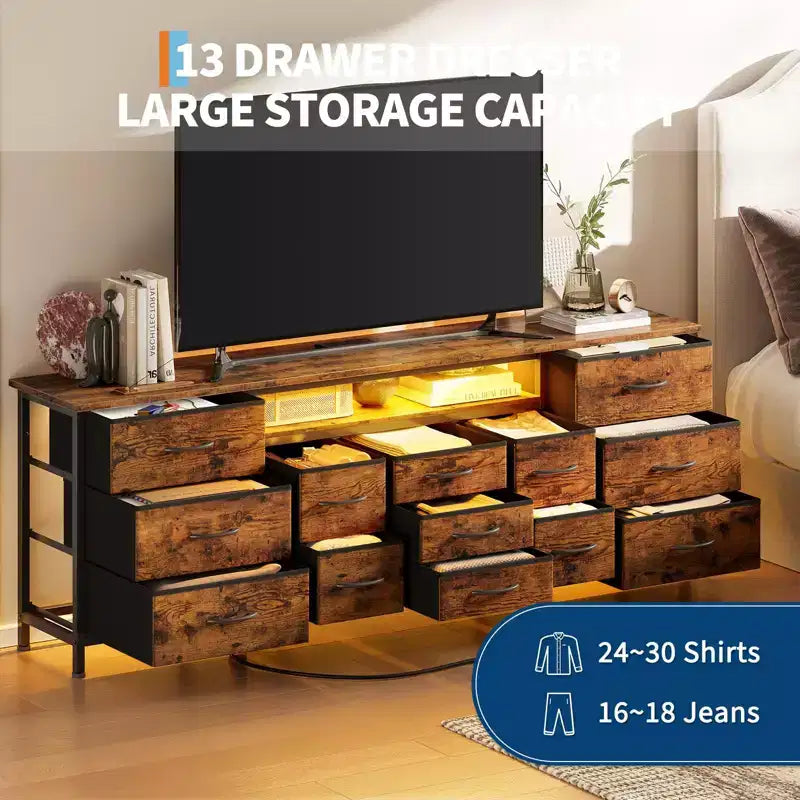 70 Inch Long Dresser TV Stand for 65, 75, 80 Inch TV, Wide 13 Chest of Fabric Drawers Dresser, Large Entertainment Center for Bedroom
