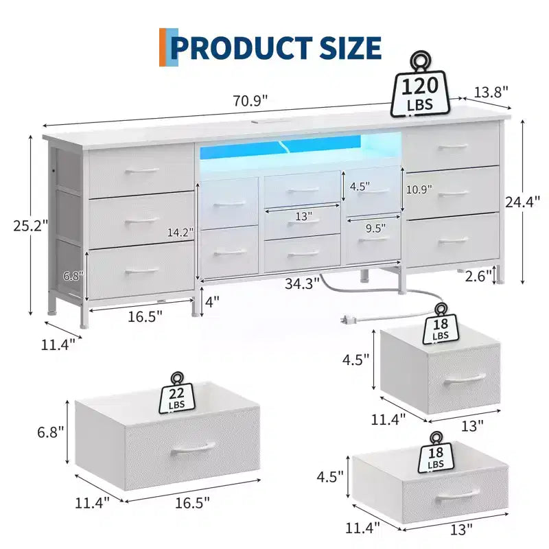 70 Inch Long Dresser TV Stand for 65, 75, 80 Inch TV, Wide 13 Chest of Fabric Drawers Dresser, Large Entertainment Center for Bedroom