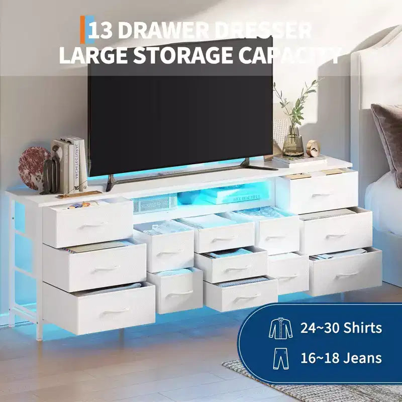 70 Inch Long Dresser TV Stand for 65, 75, 80 Inch TV, Wide 13 Chest of Fabric Drawers Dresser, Large Entertainment Center for Bedroom