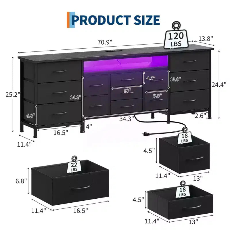 70 Inch Long Dresser TV Stand for 65, 75, 80 Inch TV, Wide 13 Chest of Fabric Drawers Dresser, Large Entertainment Center for Bedroom