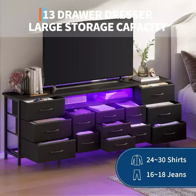 70 Inch Long Dresser TV Stand for 65, 75, 80 Inch TV, Wide 13 Chest of Fabric Drawers Dresser, Large Entertainment Center for Bedroom