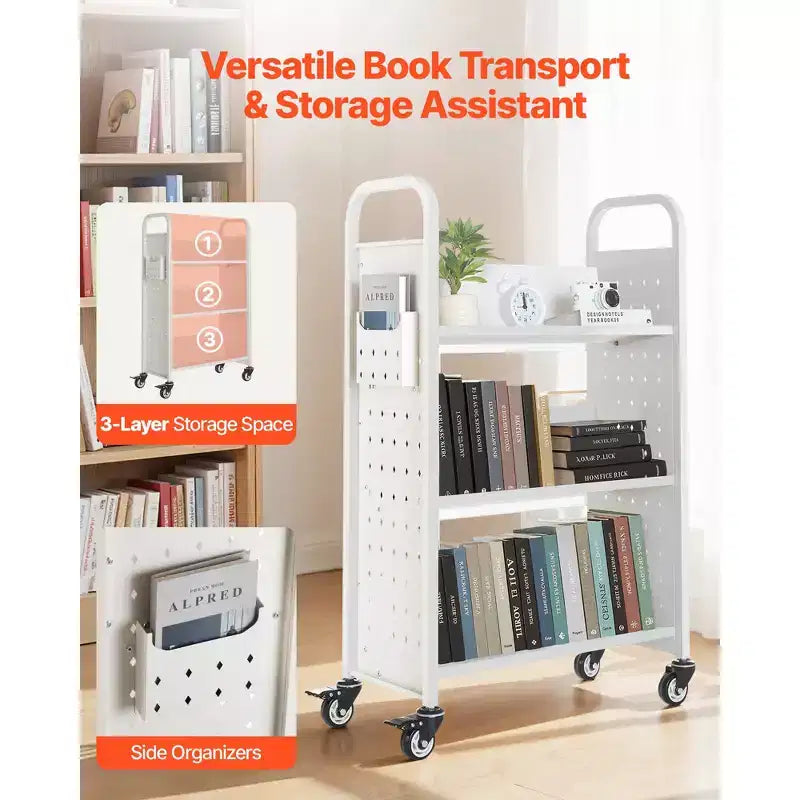 VEVOR Rolling Library Book Cart, 330 lbs Capacity, 30.3 x 15 x 48.0-Inch Library Cart, Single Sided V-Shaped Shelves with 3-Inch Lockable Wheels,White
