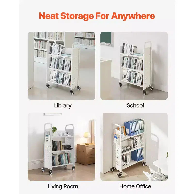 VEVOR Rolling Library Book Cart, 330 lbs Capacity, 30.3 x 15 x 48.0-Inch Library Cart, Single Sided V-Shaped Shelves with 3-Inch Lockable Wheels,White