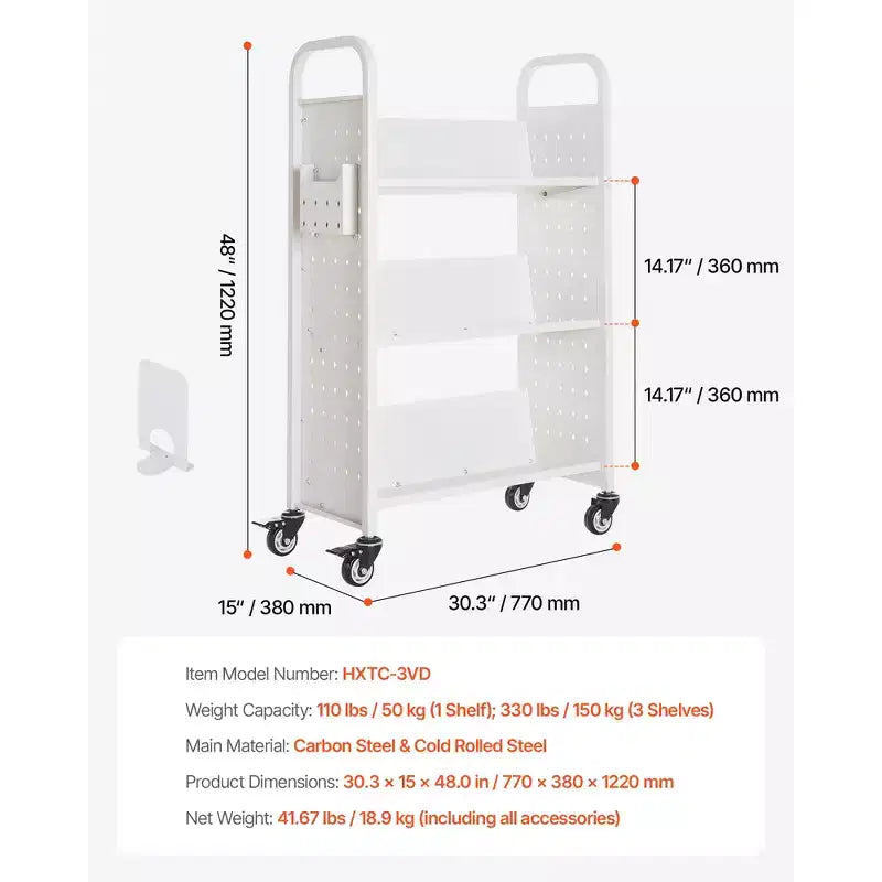 VEVOR Rolling Library Book Cart, 330 lbs Capacity, 30.3 x 15 x 48.0-Inch Library Cart, Single Sided V-Shaped Shelves with 3-Inch Lockable Wheels,White