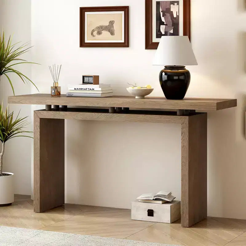 Uniquely designed ash veneer console table features a modern, minimalist style and a cleverly designed tabletop, suitable