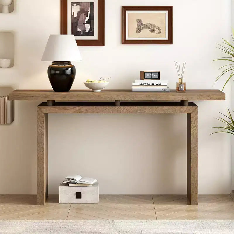 Uniquely designed ash veneer console table features a modern, minimalist style and a cleverly designed tabletop, suitable