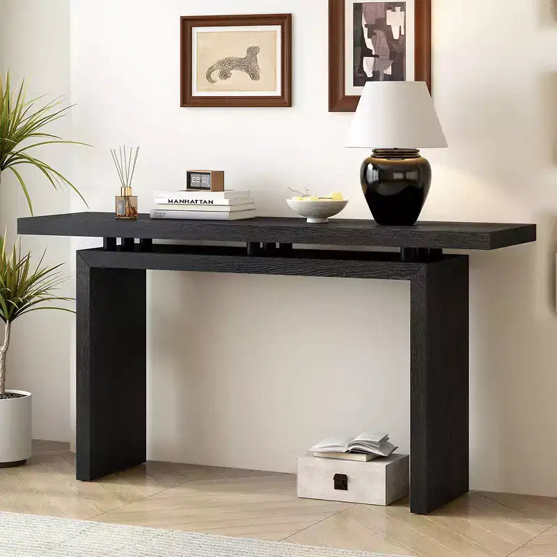 Uniquely designed ash veneer console table features a modern, minimalist style and a cleverly designed tabletop, suitable