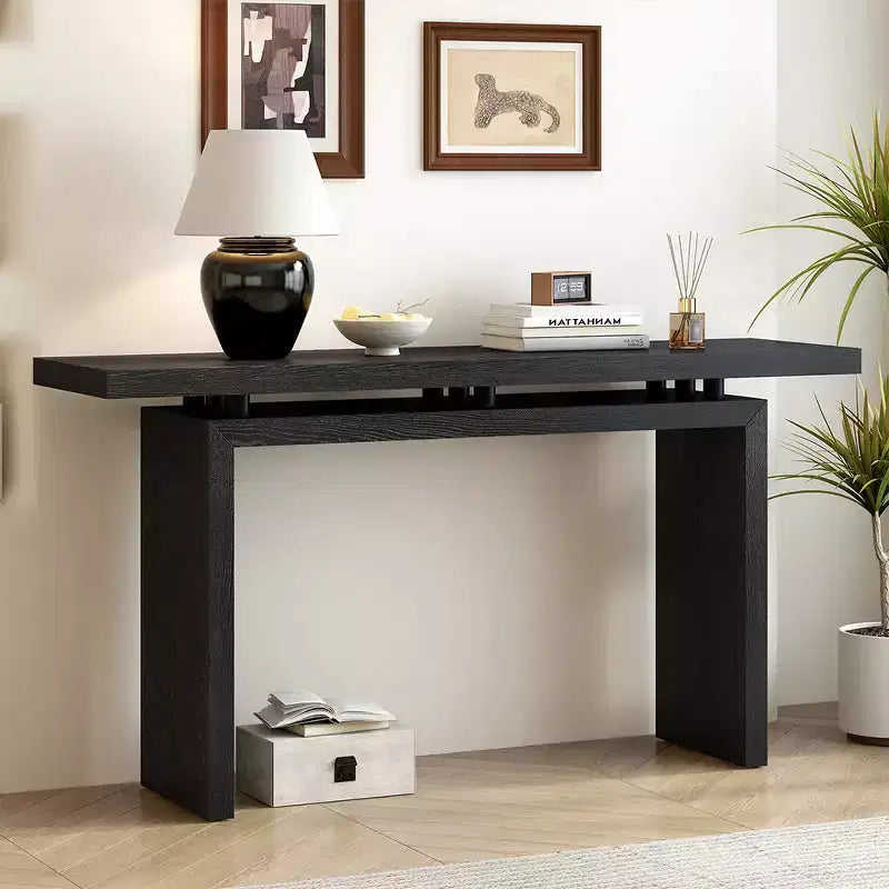 Uniquely designed ash veneer console table features a modern, minimalist style and a cleverly designed tabletop, suitable