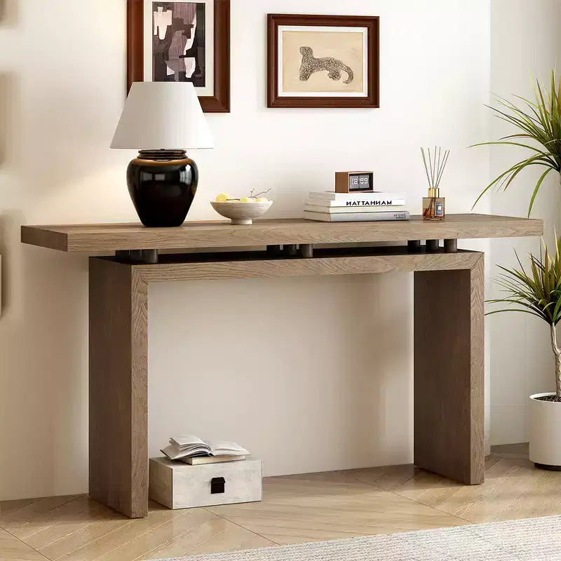 Uniquely designed ash veneer console table features a modern, minimalist style and a cleverly designed tabletop, suitable