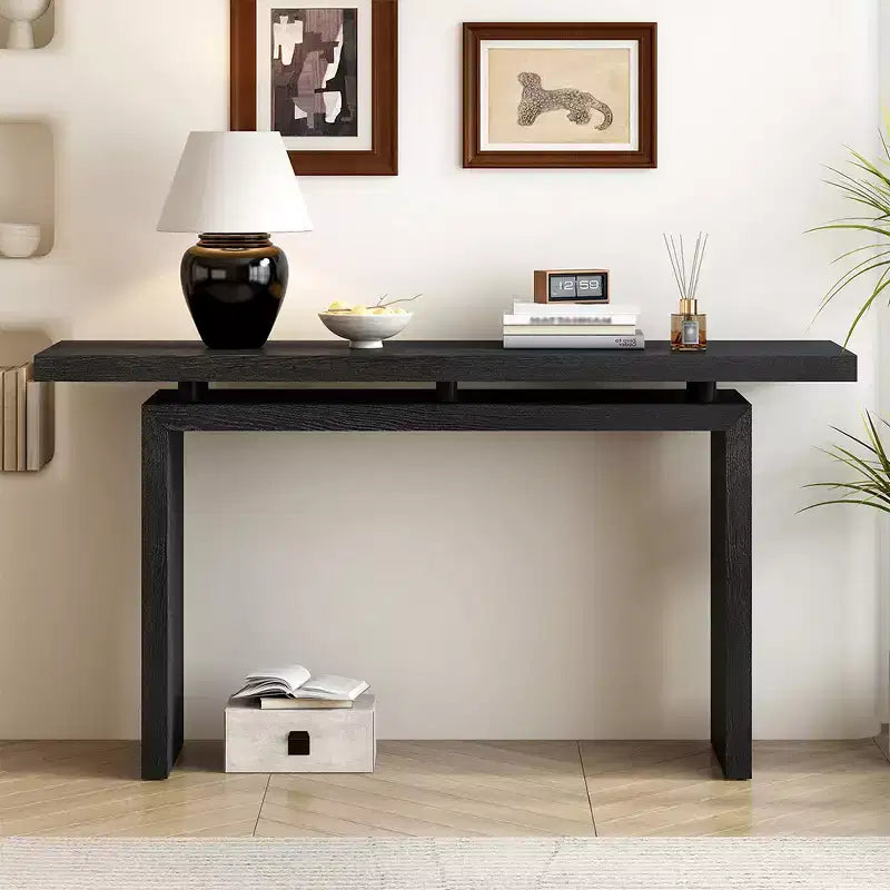 Uniquely designed ash veneer console table features a modern, minimalist style and a cleverly designed tabletop, suitable