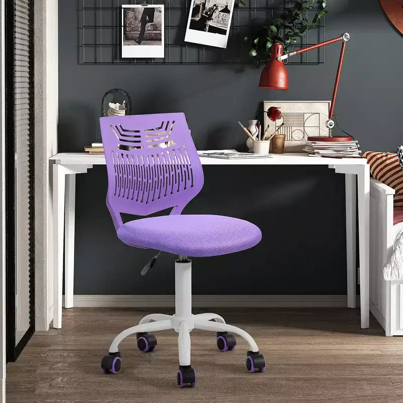 FurnitureR Desk Chair Armless Cute, Armless Small Computer Study Task Chair Adjustable Swivel Low Back with Rolling Wheels for Teens Students, PURPLE