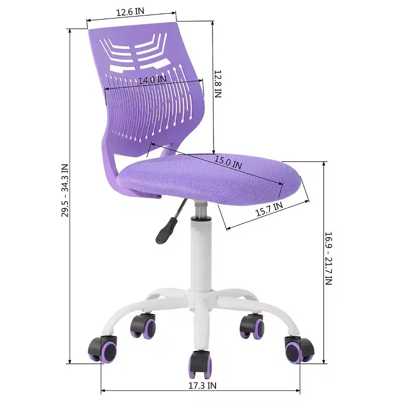 FurnitureR Desk Chair Armless Cute, Armless Small Computer Study Task Chair Adjustable Swivel Low Back with Rolling Wheels for Teens Students, PURPLE