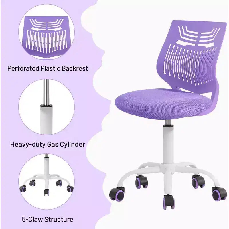 FurnitureR Desk Chair Armless Cute, Armless Small Computer Study Task Chair Adjustable Swivel Low Back with Rolling Wheels for Teens Students, PURPLE