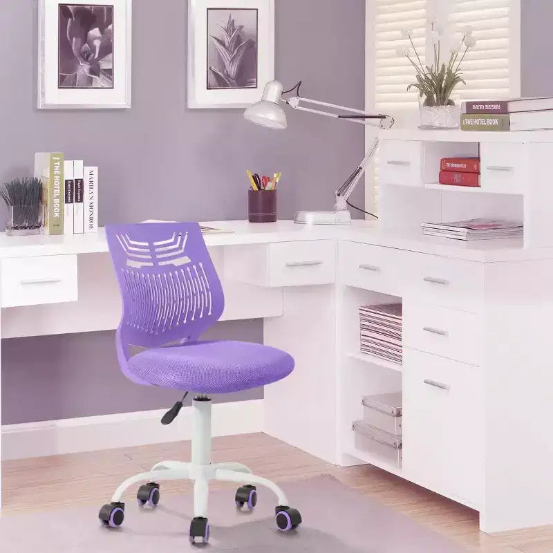 FurnitureR Desk Chair Armless Cute, Armless Small Computer Study Task Chair Adjustable Swivel Low Back with Rolling Wheels for Teens Students, PURPLE