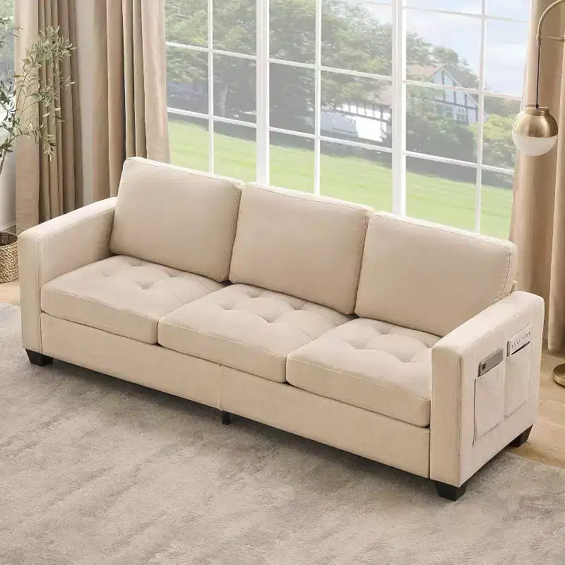 89 Beige 3-Seater Chenille Sofa with Wide Armrest, Removable Headrest and Side Storage Pockets, for Living Room and Bedroom