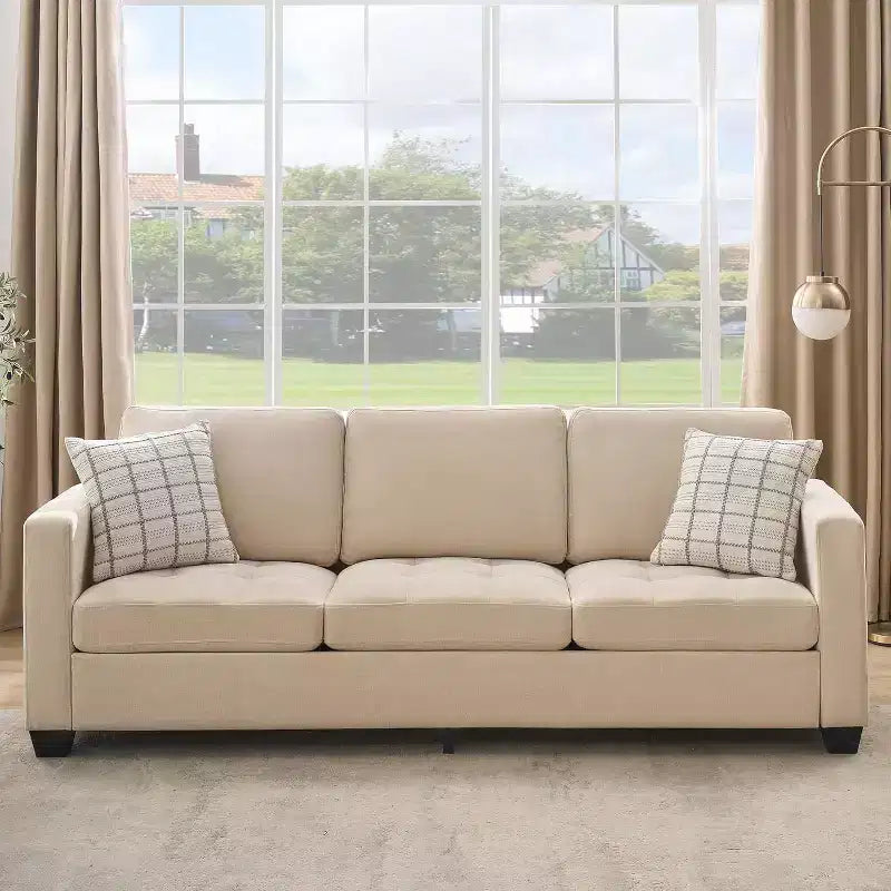 89 Beige 3-Seater Chenille Sofa with Wide Armrest, Removable Headrest and Side Storage Pockets, for Living Room and Bedroom