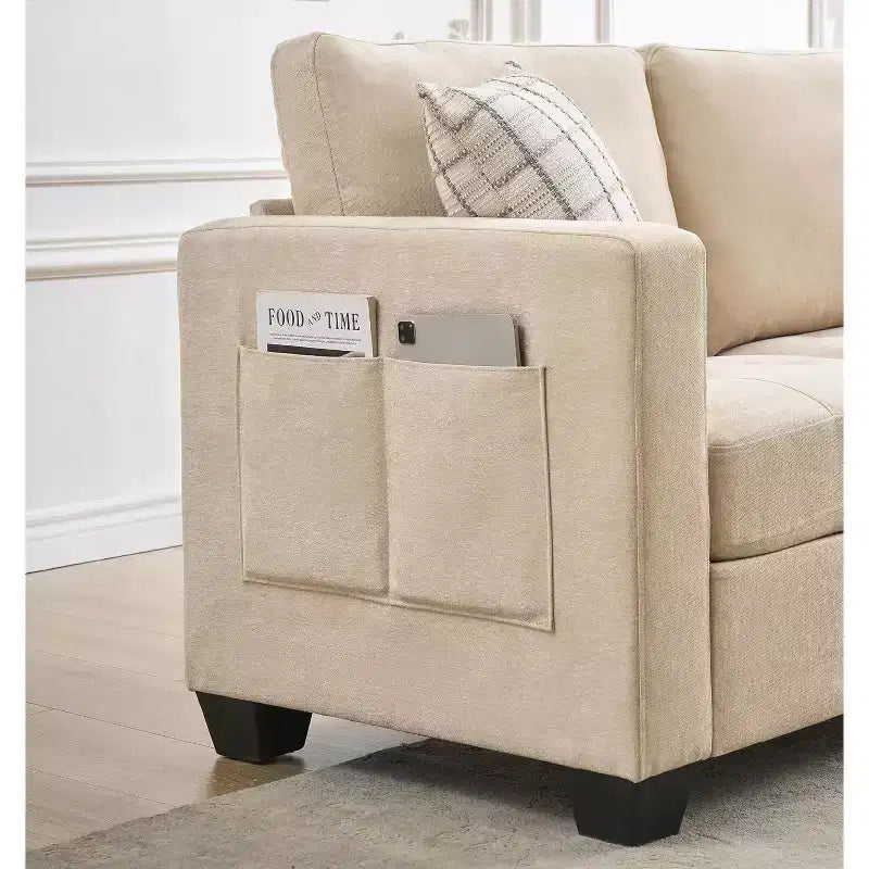 89 Beige 3-Seater Chenille Sofa with Wide Armrest, Removable Headrest and Side Storage Pockets, for Living Room and Bedroom