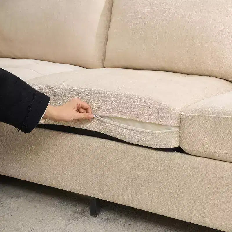 89 Beige 3-Seater Chenille Sofa with Wide Armrest, Removable Headrest and Side Storage Pockets, for Living Room and Bedroom