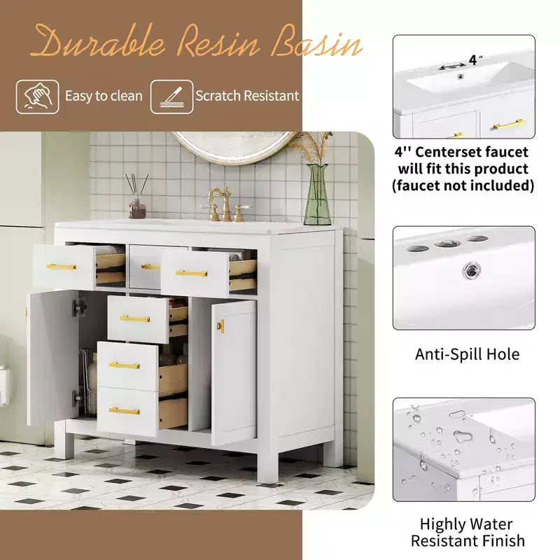 36 Bathroom Vanity Sink Combo, Bathroom Storage Cabinet with Drawers, Single Sink Bathroom Vanity with Solid Wood Frame