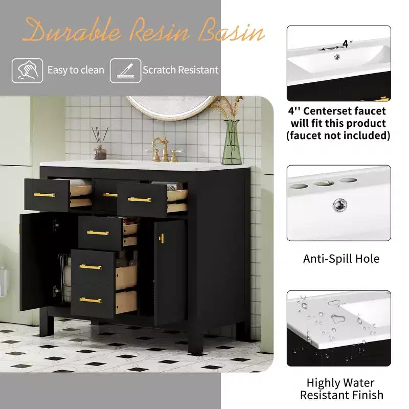 36 Bathroom Vanity Sink Combo, Bathroom Storage Cabinet with Drawers, Single Sink Bathroom Vanity with Solid Wood Frame