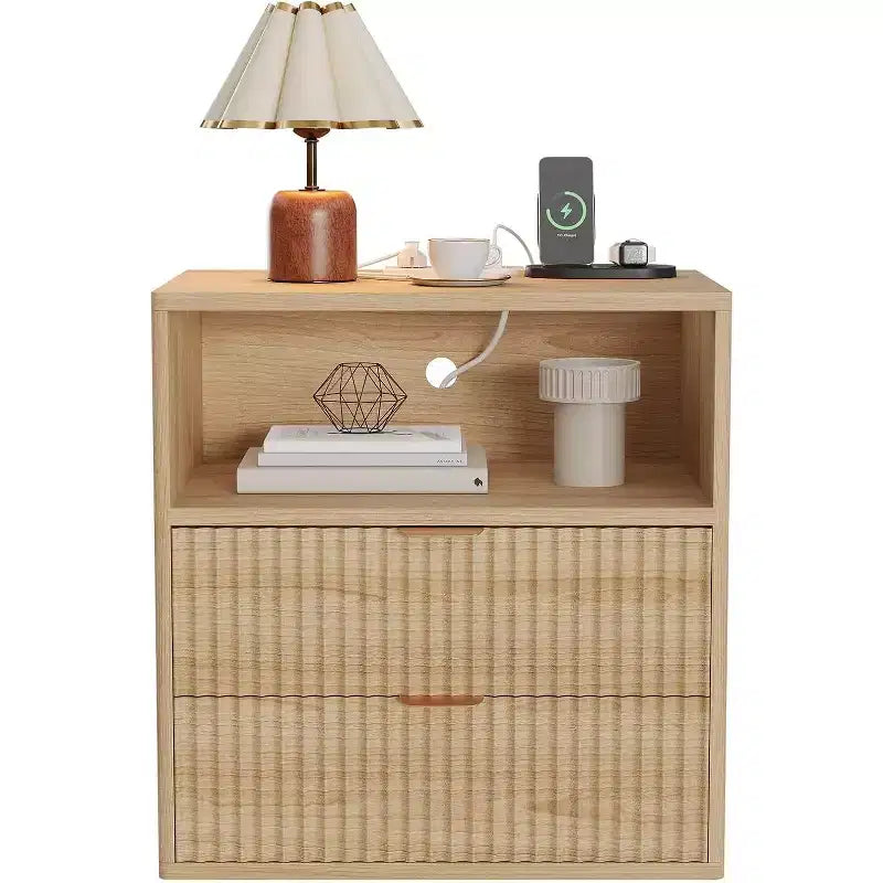 Acekool Fluted Farmhouse Nightstand with Charging Station, 23 Mid-Century Modern End Table with 2 Drawers & Open Shelf