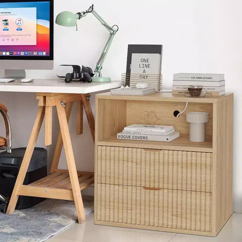 Acekool Fluted Farmhouse Nightstand with Charging Station, 23 Mid-Century Modern End Table with 2 Drawers & Open Shelf