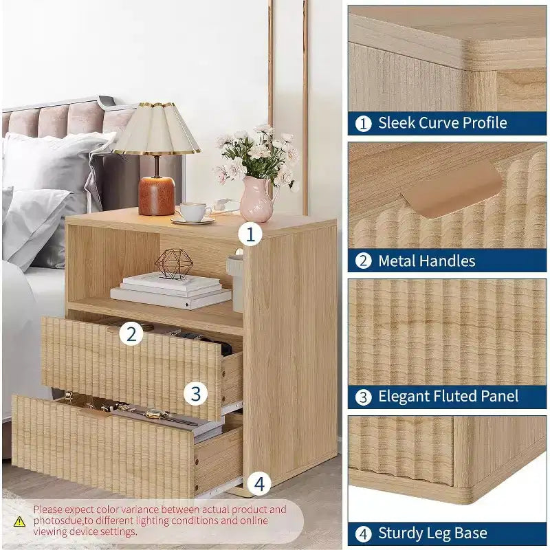 Acekool Fluted Farmhouse Nightstand with Charging Station, 23 Mid-Century Modern End Table with 2 Drawers & Open Shelf