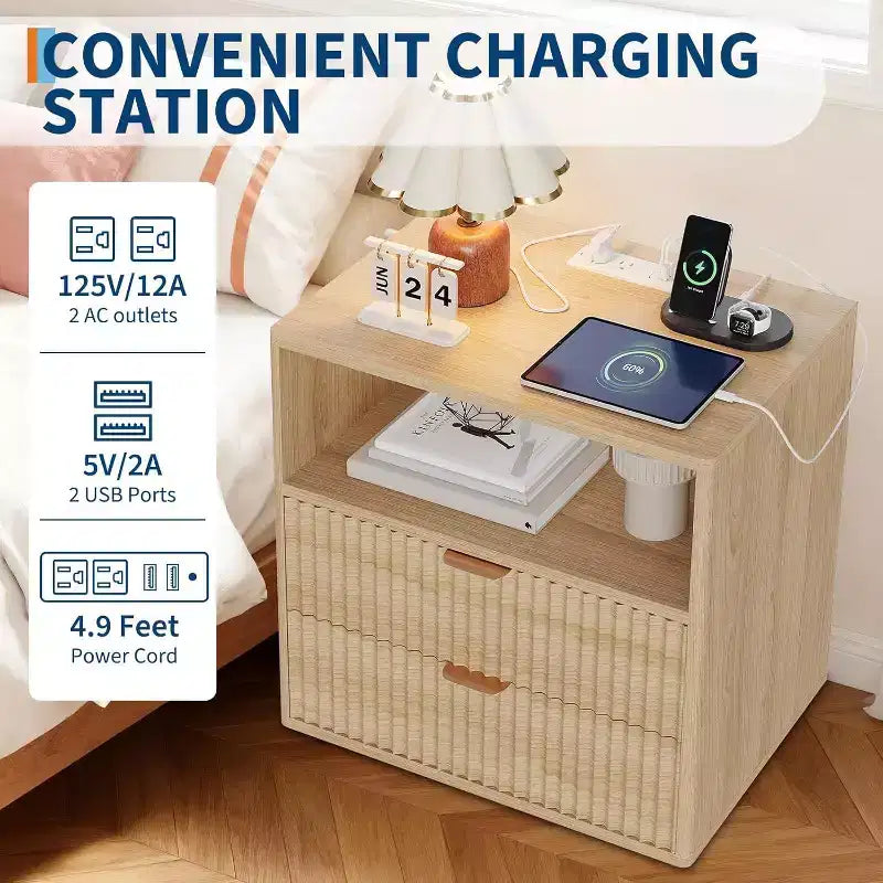 Acekool Fluted Farmhouse Nightstand with Charging Station, 23 Mid-Century Modern End Table with 2 Drawers & Open Shelf