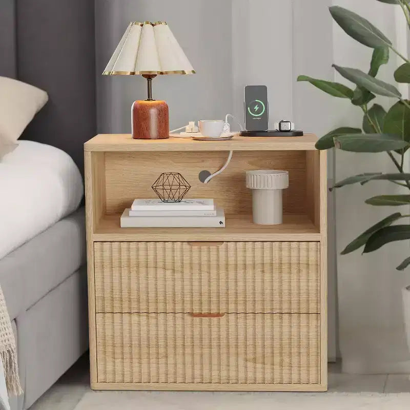 Acekool Fluted Farmhouse Nightstand with Charging Station, 23 Mid-Century Modern End Table with 2 Drawers & Open Shelf