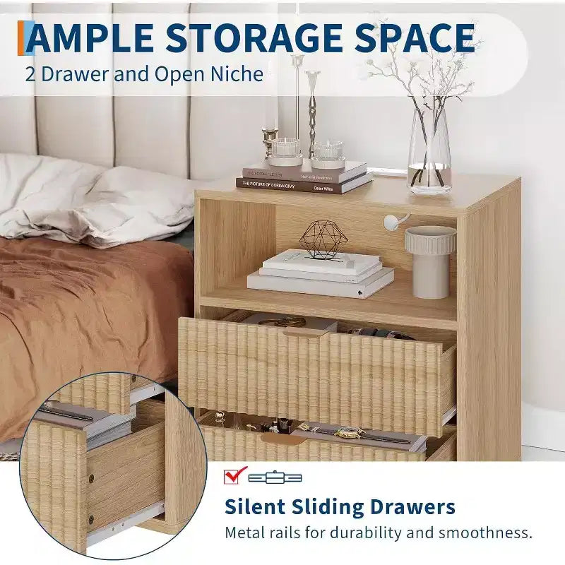 Acekool Fluted Farmhouse Nightstand with Charging Station, 23 Mid-Century Modern End Table with 2 Drawers & Open Shelf